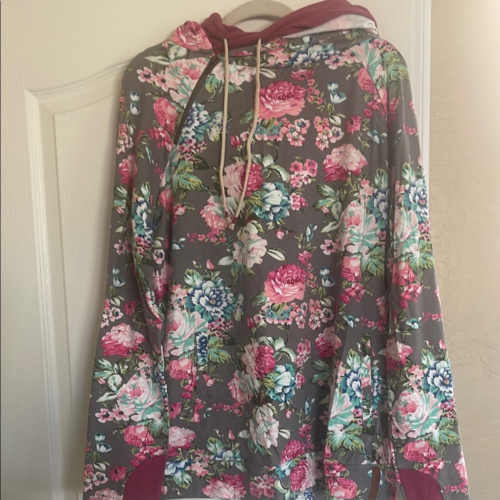 AMPERSAND AVE. Floral Hoodie - Pink and Gray